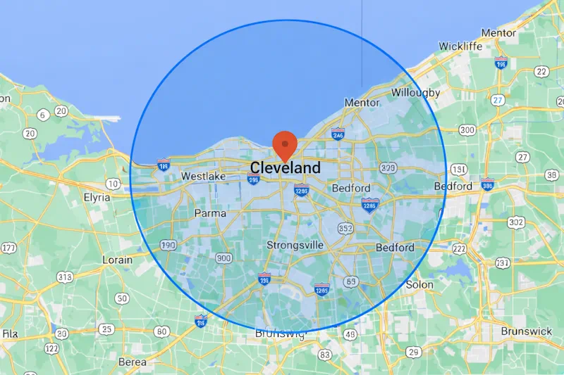 Map showing TekPro Plumbing service area around Cleveland Ohio